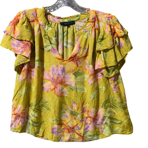 Rachel Tops - Rachel Roy Yellow Floral Ruffle Sleeve V Neck Top Women's XL Rayon